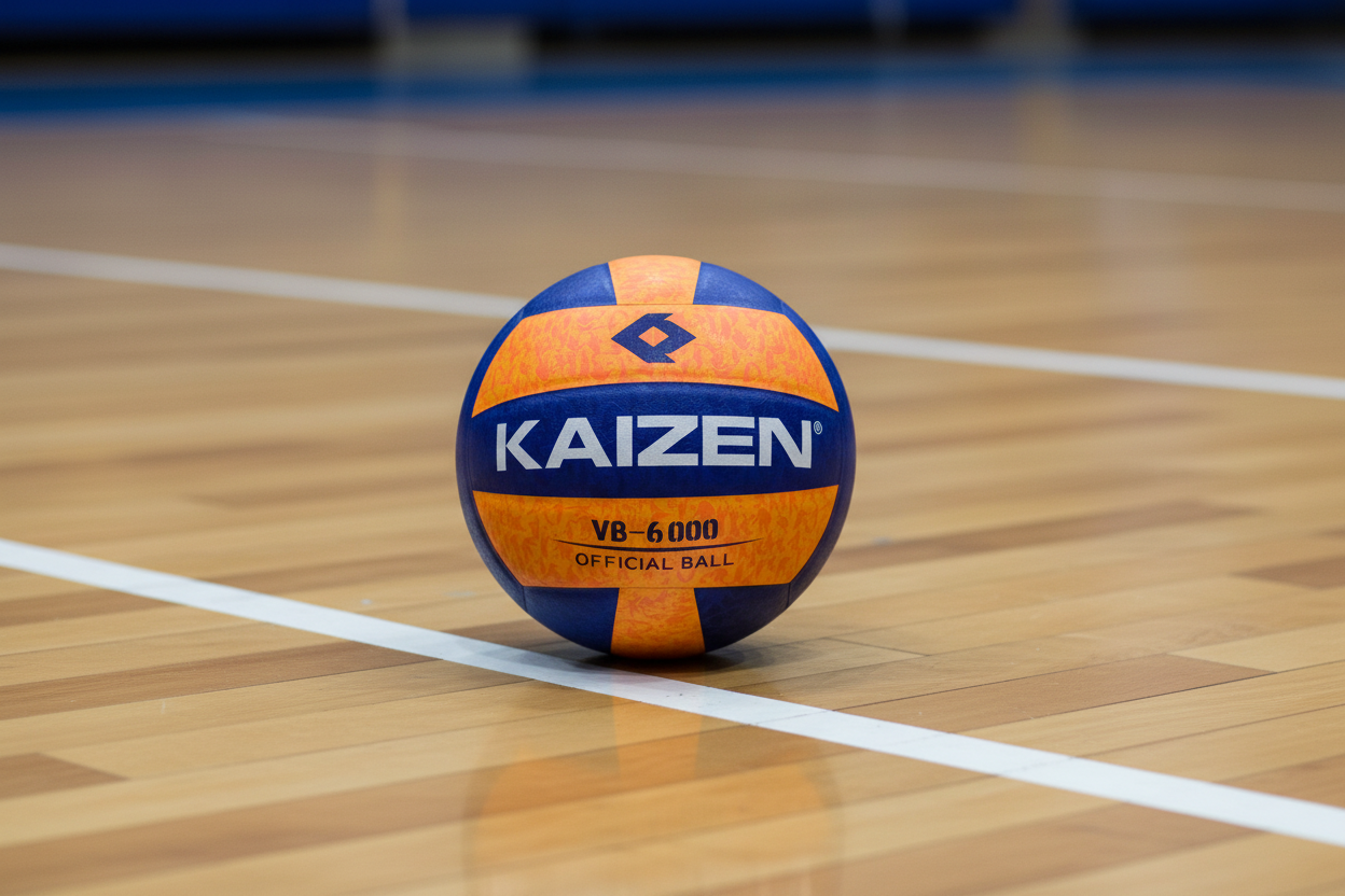 Orange and blue volleyball with 'Kaizen' branding on a white background