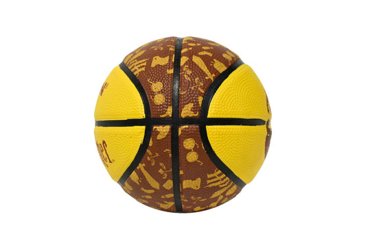 Basketball with brown and yellow pattern on a white background