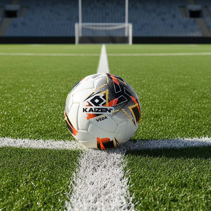 White soccer ball with black and orange patterns and 'Kaizen' branding on a white background