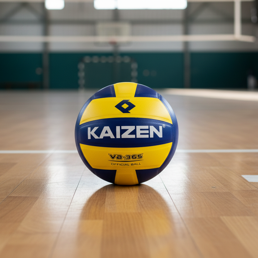 Yellow and blue volleyball with 'Kaizen' branding on a white background