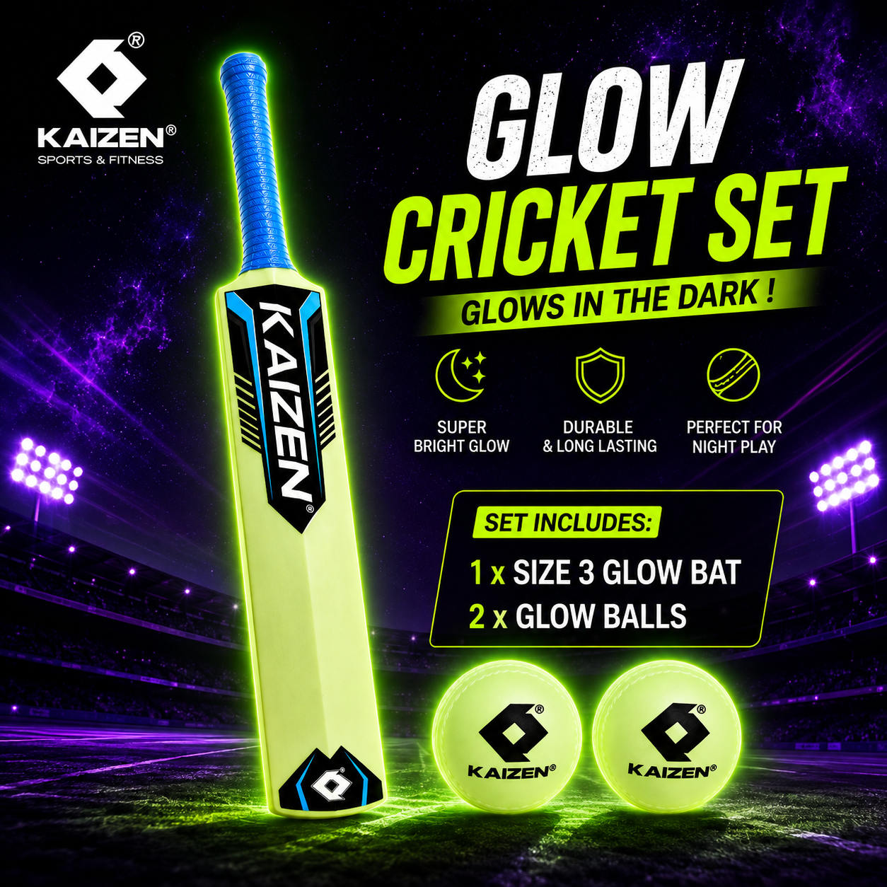 GLOW SET OF ONE BAT SIZE 3 AND TWO BALLS / KAIZEN SPORTS