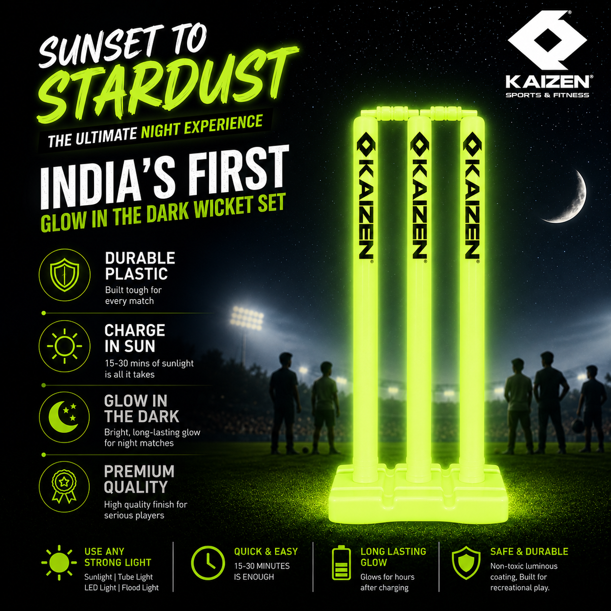 GLOW CRICKET SET FULL SIZE WITH BALL / KAIZEN SPORTS