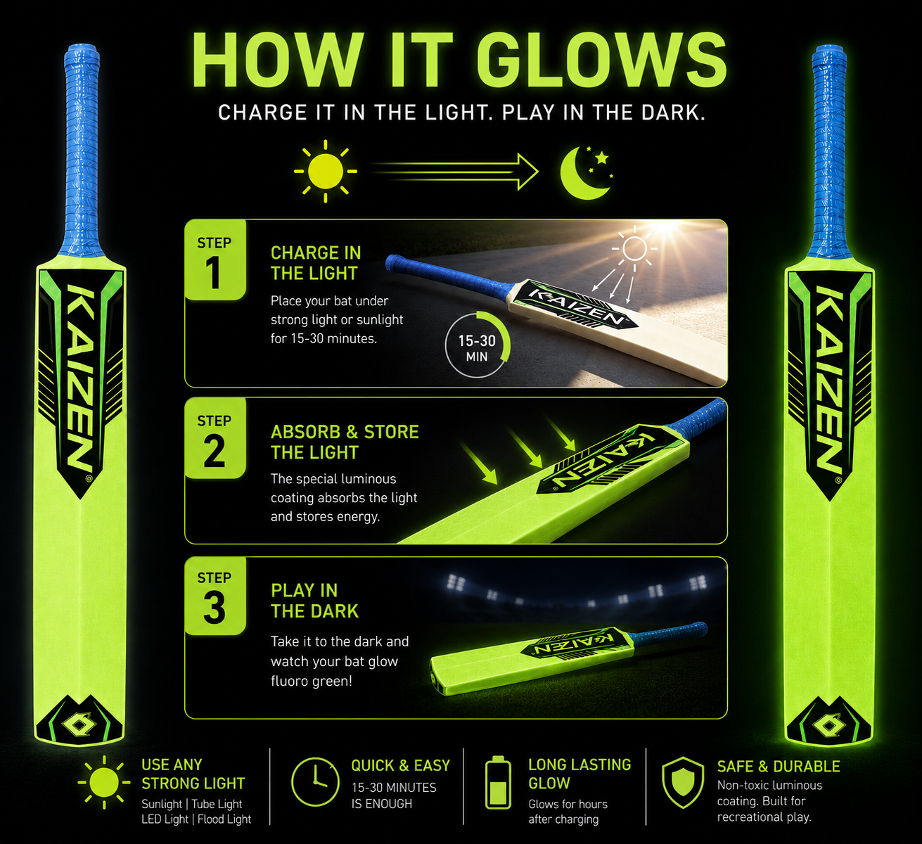 GLOW SET OF ONE BAT SIZE 3 AND TWO BALLS / KAIZEN SPORTS