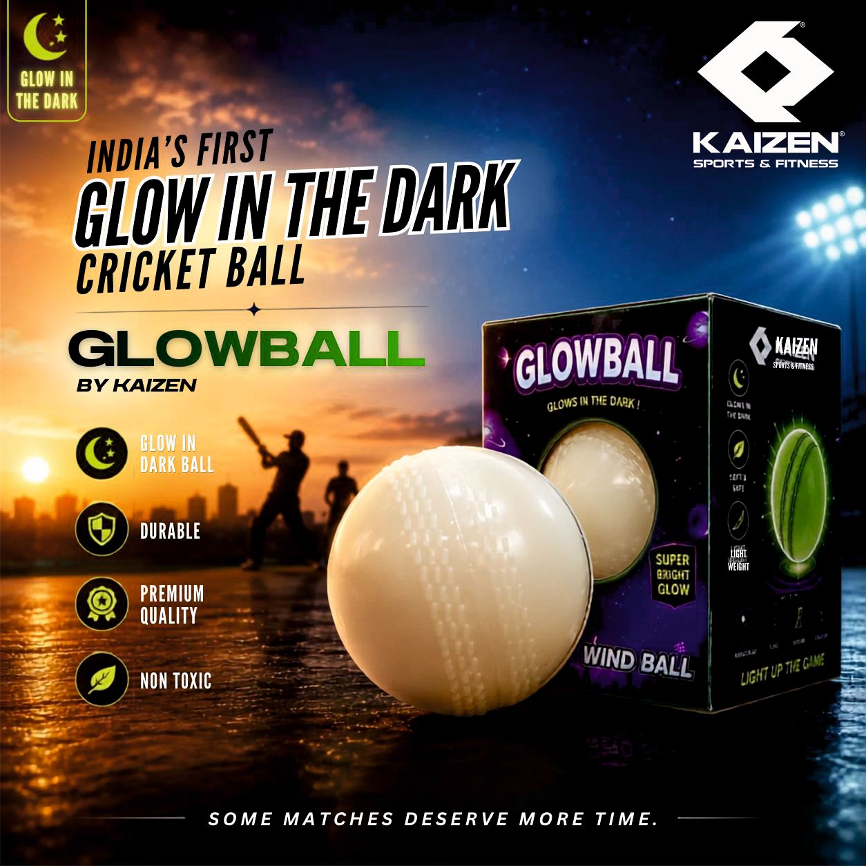 GLOW CRICKET SET FULL SIZE WITH BALL / KAIZEN SPORTS