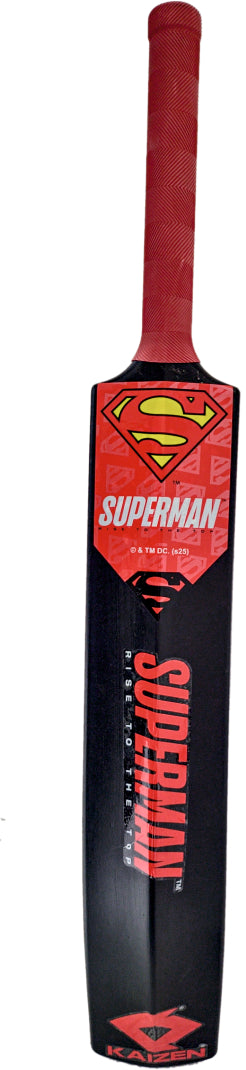 Superman branded cricket bat with red and black design